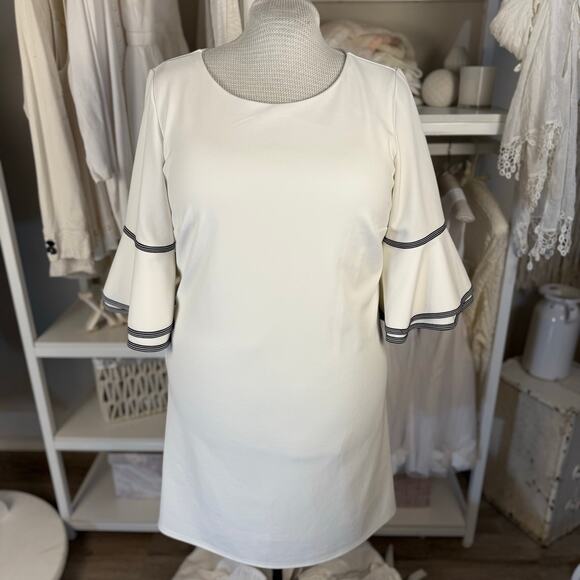 Sharagano Dresses & Skirts - Sharagano Women's Size 12 Cream Gray Trimmed Bell Sleeve Shift Dress  3621